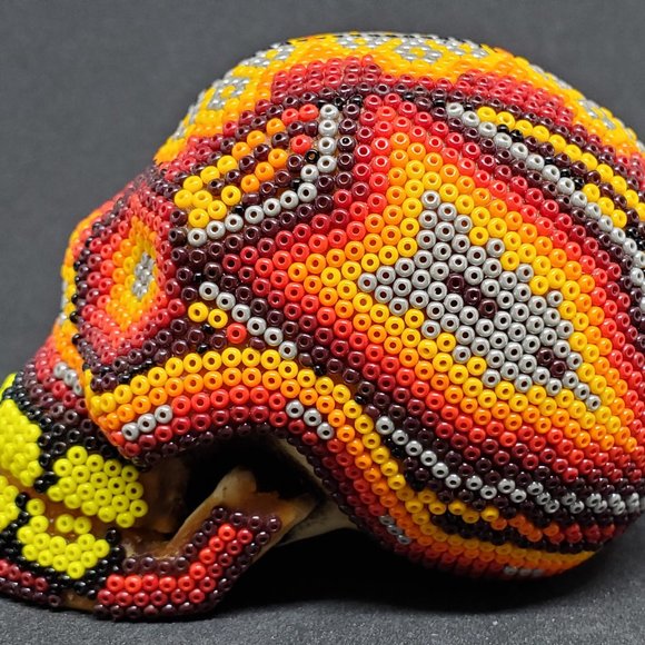 Huichol Beaded Skull on carved fish bone. ~ Handcrafted by Huichol artist - Picture 5 of 9